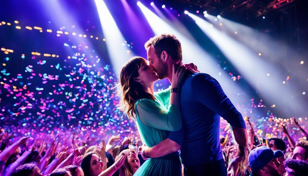 Chris Martin and Dakota Johnson dancing at a Coldplay concert