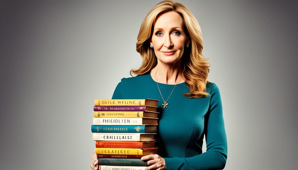 J.K. Rowling with her books